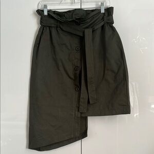CRISTINA LEI DARK Green Asymmetrical Paper-bag Waist Cotton Midi Skirt, Size M